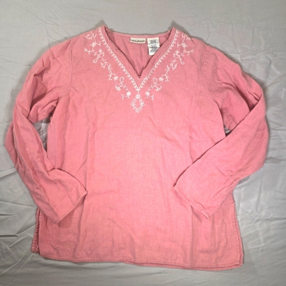 White Stag Pink Linen Tunic with Embroidered Neckline